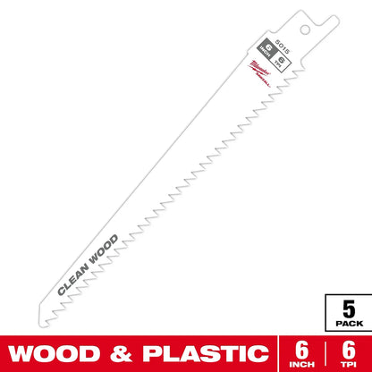 Milwaukee 6" 6 TPI Fleam Ground SAWZALL Blade for Clean Wood (5 PK) 48-00-5015 | 6 in Blade Length, 5-Piece