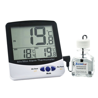 Digital Thermometer with Alarm Fahrenheit / Celsius -58° to +158°F (-50° to +70°C) Bottle Probe Flip-out Stand / Wall Mount Battery Operated