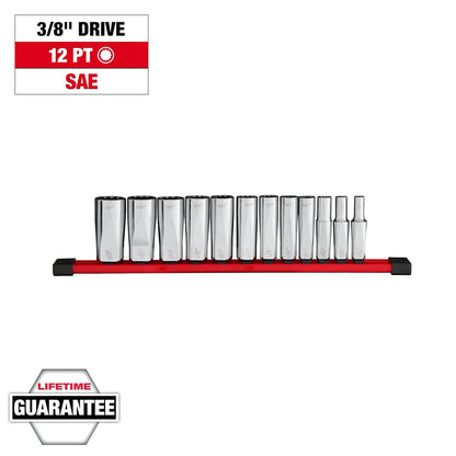 Milwaukee 12pc 3/8” Drive 12-Point Deep Well SAE Socket Set 48-22-9421 | Chrome Vanadium Steel
