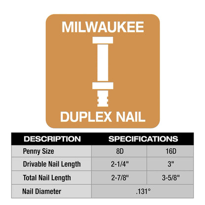 Milwaukee 16D 3” x .131” Collated Duplex Nails MDP16D-2000