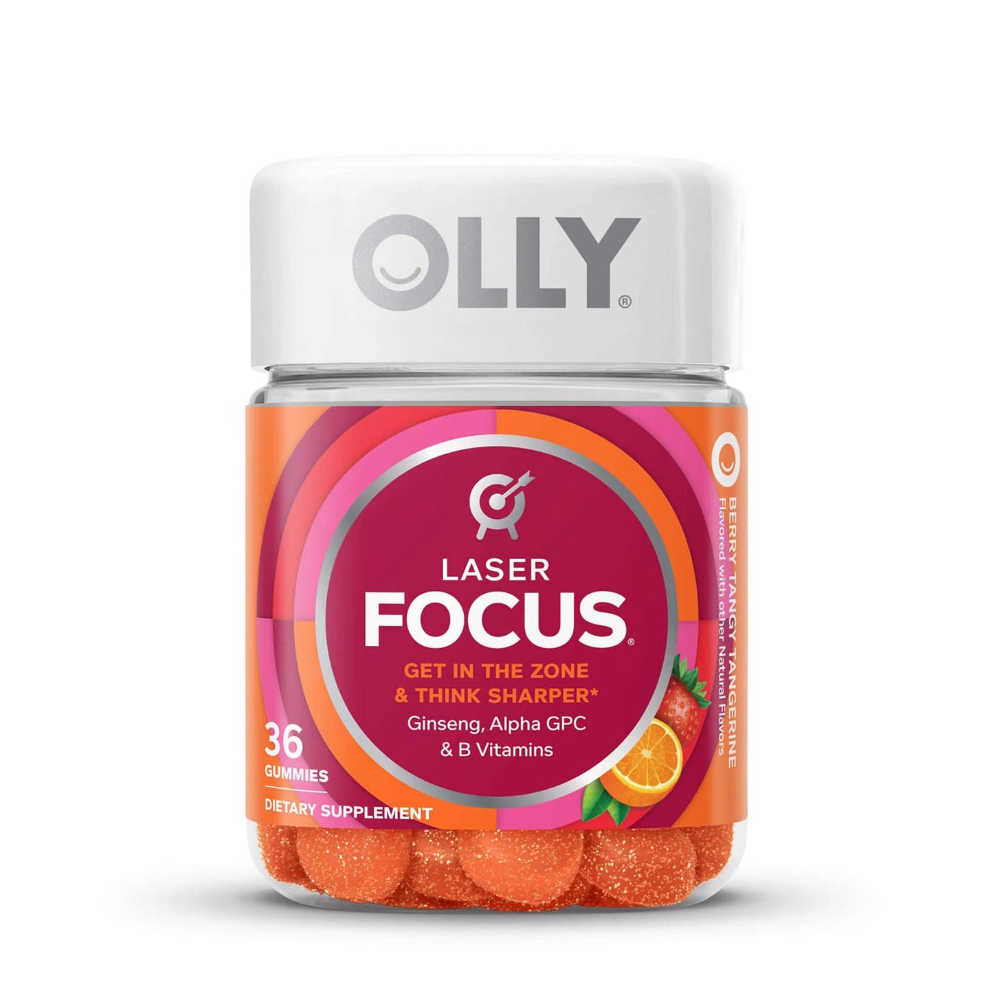 OLLY Laser Focus Dietary Supplement B6 / B12 / Ginseng / Alpha GPC 2 mg - 50 mcg - 100 mg - 20 mg Strength Gummy Berry Tang Flavor