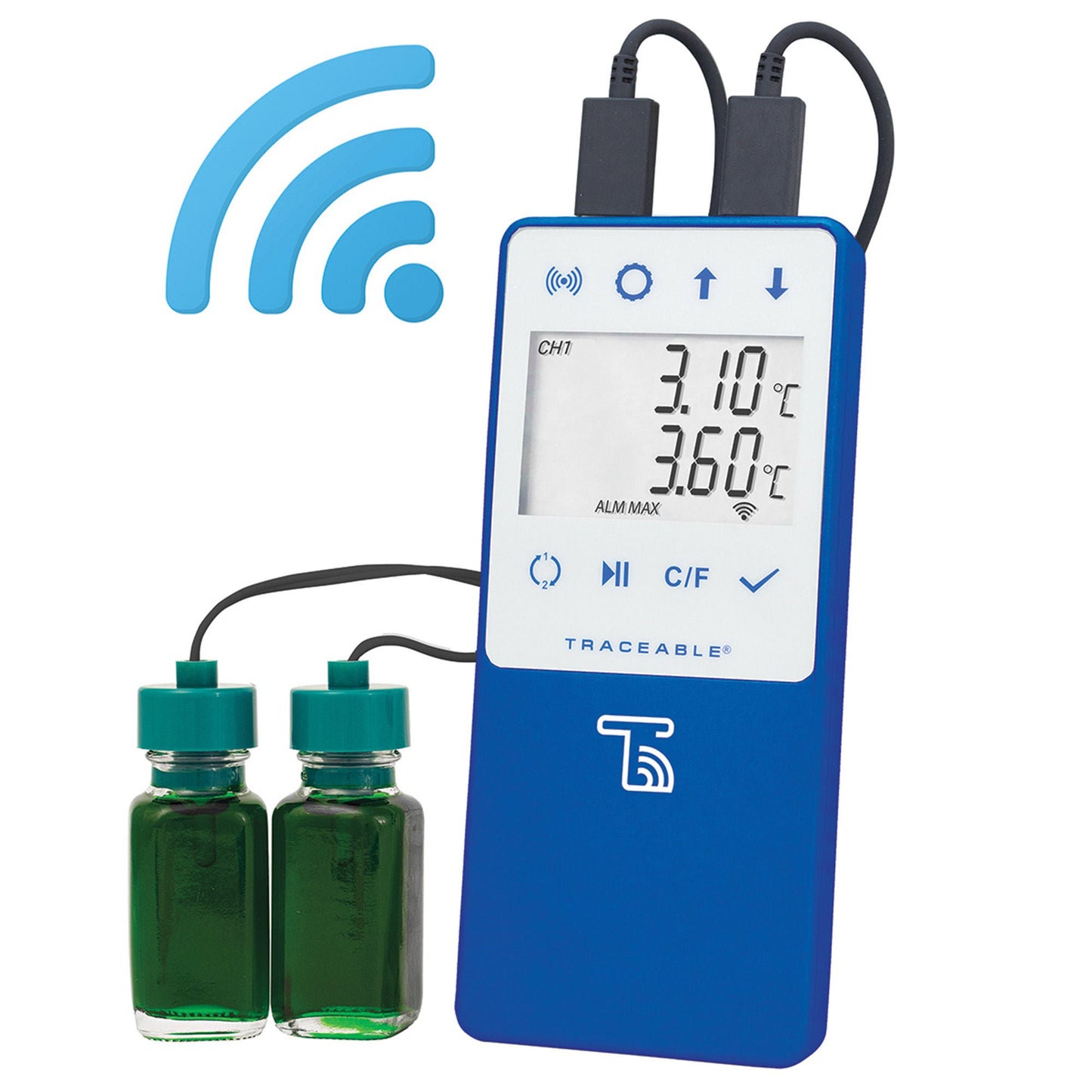 TraceableLIVE Datalogging Refrigerator / Freezer Thermometer with Alarm Fahrenheit / Celsius -58° to +140°F (-50° to +60°C) 2 Glycol Bottle Probes Multiple Mounting Options Battery Operated