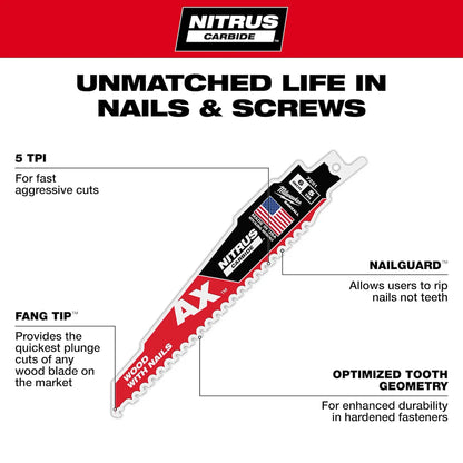 Milwaukee 6" 5 TPI AX w/NITRUS Carbide Teeth SAWZALL Blade for Wood with Nails 48-00-7351 | 6 in Blade Length