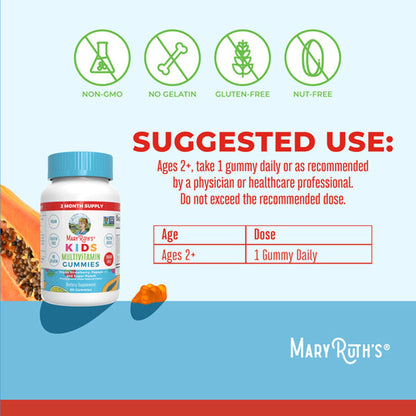 Mary Ruth's Kids Multivitamin Dietary Supplement Vitamin A / C / D / E 390 mcg - 10 mg - 3 mcg - 4 mg Strength Gummie Fruit Flavor