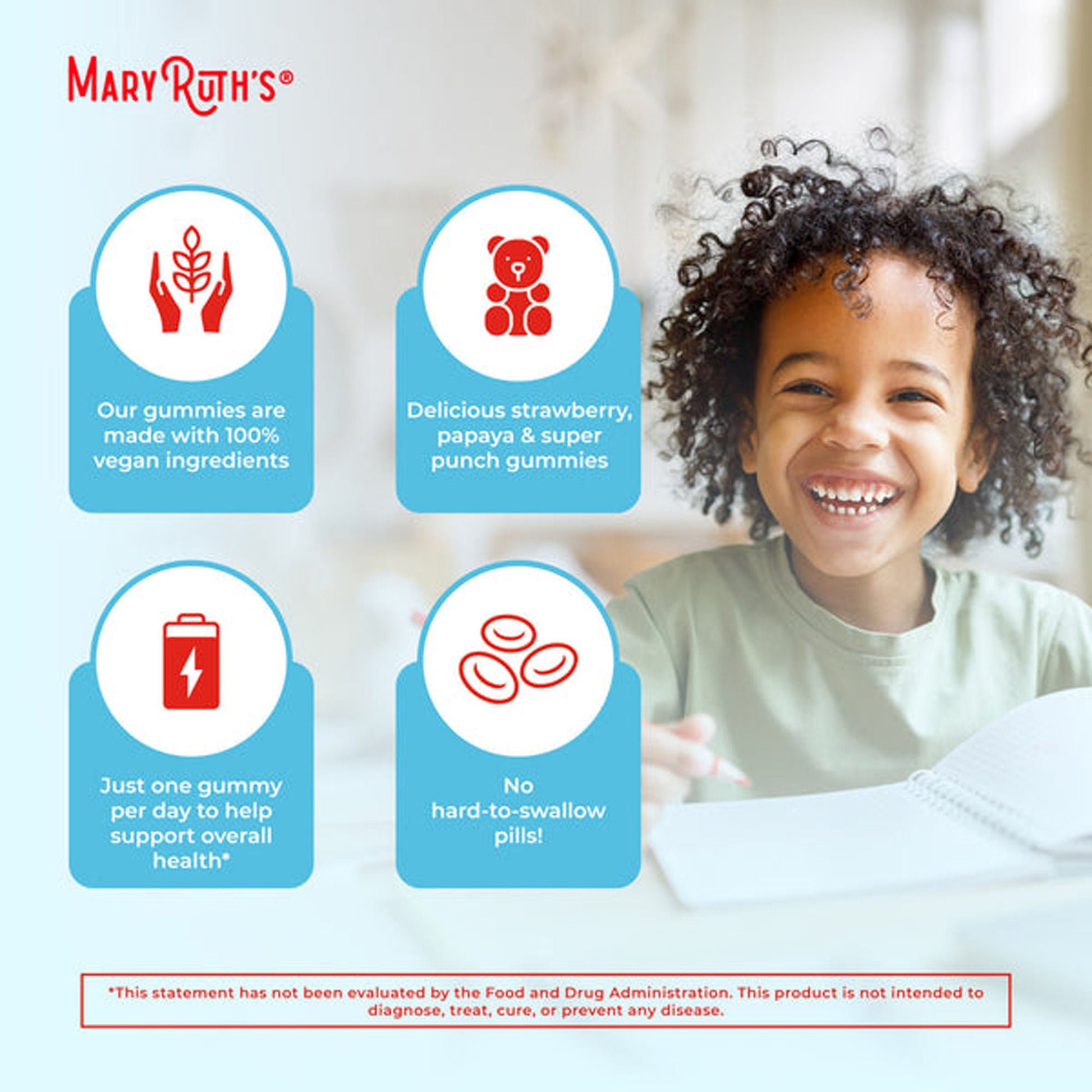 Mary Ruth's Kids Multivitamin Dietary Supplement Vitamin A / C / D / E 390 mcg - 10 mg - 3 mcg - 4 mg Strength Gummie Fruit Flavor