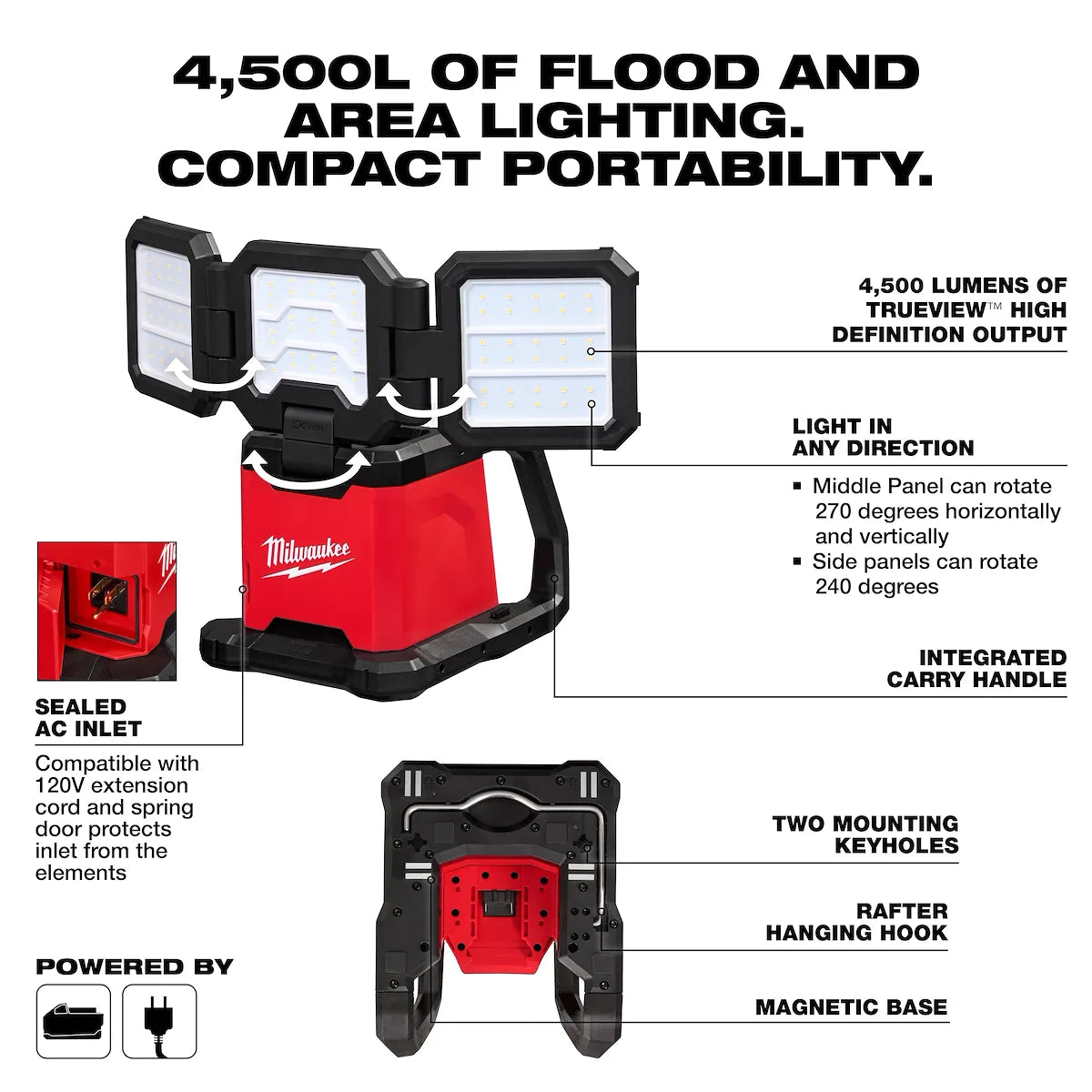 Milwaukee M18 ROVER Dual Power Triple-Panel Flood & Area Light 2368-20 | M18 Battery