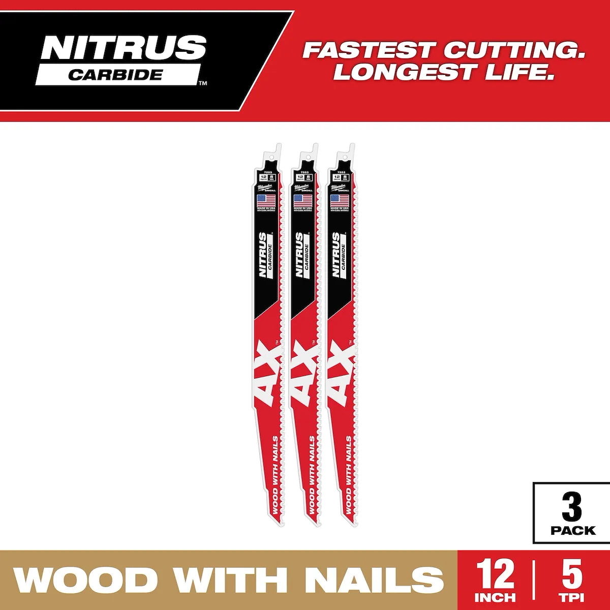 Milwaukee 12" 5 TPI AX w/NITRUS Carbide Teeth SAWZALL Blade for Wood with Nails 48-00-7353 | 12 in Blade Length