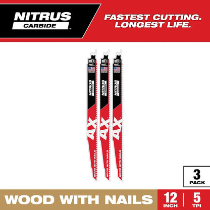 Milwaukee 12" 5 TPI AX w/NITRUS Carbide Teeth SAWZALL Blade for Wood with Nails 48-00-7353 | 12 in Blade Length