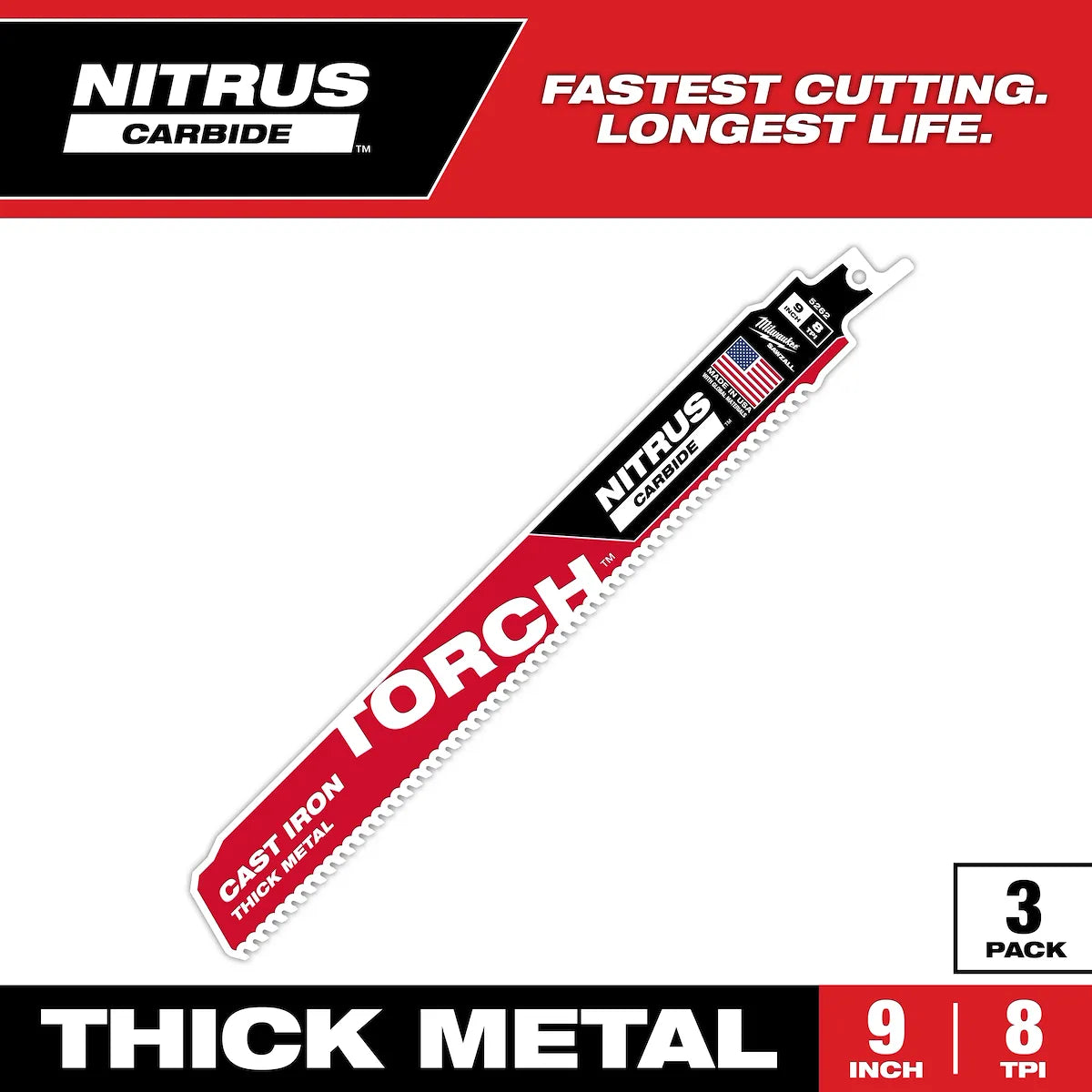 Milwaukee 9" 8 TPI TORCH with NITRUS Carbide SAWZALL Blade for Cast Iron (3 PK) 48-00-5362 | 9 in Blade Length, 3-Piece