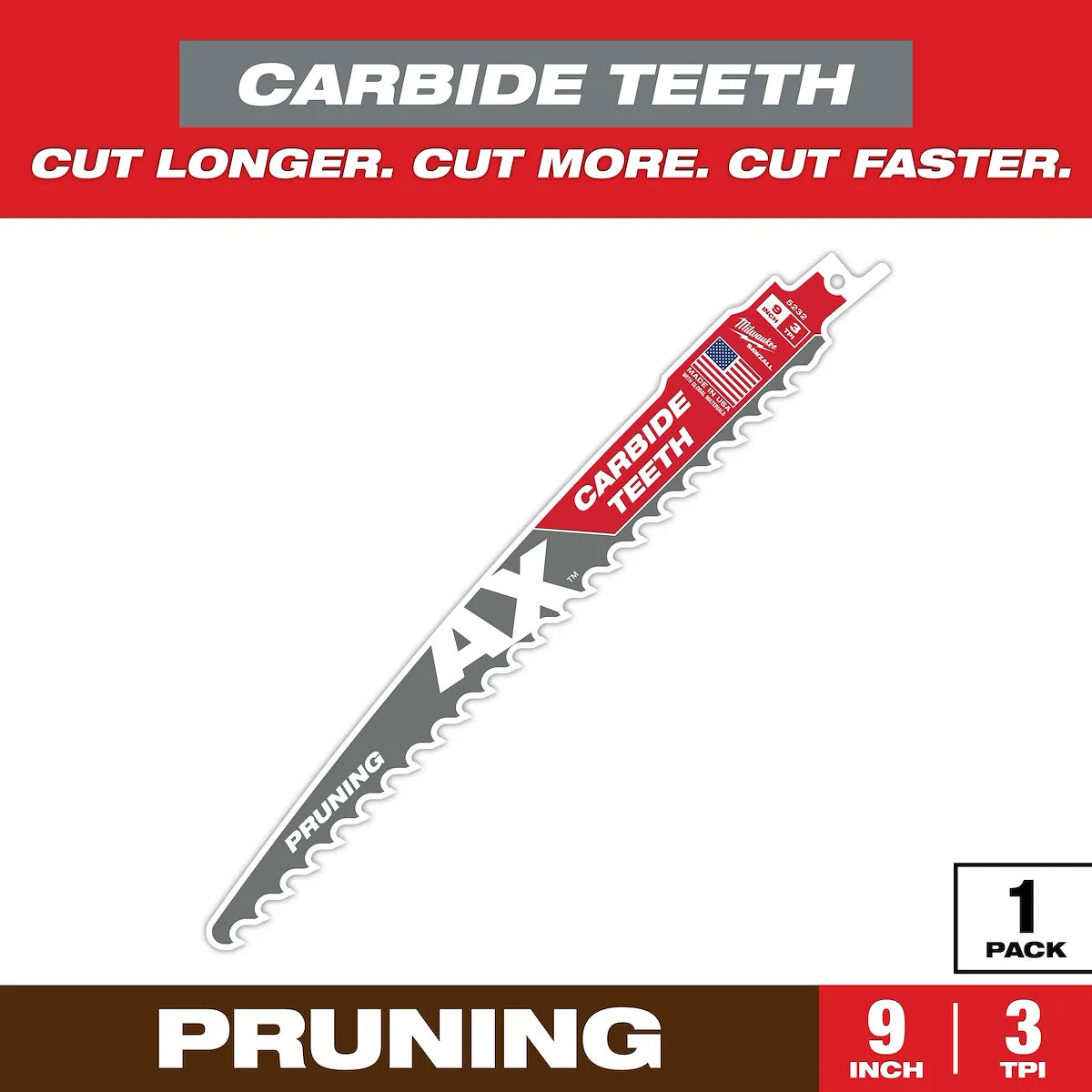 Milwaukee 9" 3 TPI AX with Carbide Teeth SAWZALL Blade for Pruning (1 PK) 48-00-5232 | 9 in Blade Length