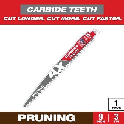 Milwaukee 9" 3 TPI AX with Carbide Teeth SAWZALL Blade for Pruning (1 PK) 48-00-5232 | 9 in Blade Length