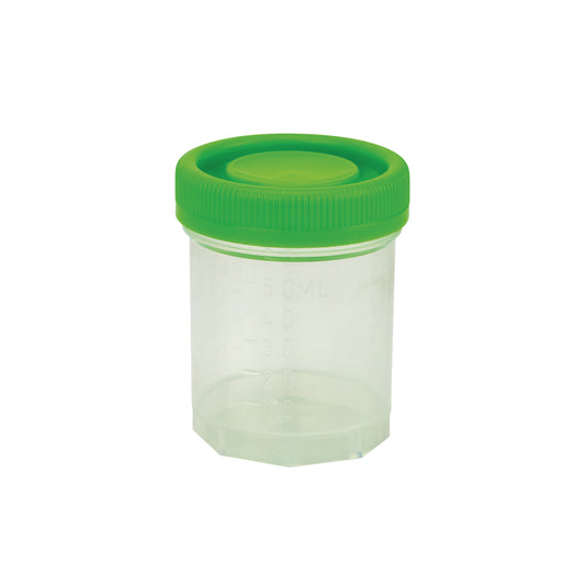 Caplugs Evergreen 222-5601-G8I 60 mL Specimen Container Green Screw Cap Sterile PPC Individually Packed MADE IN USA