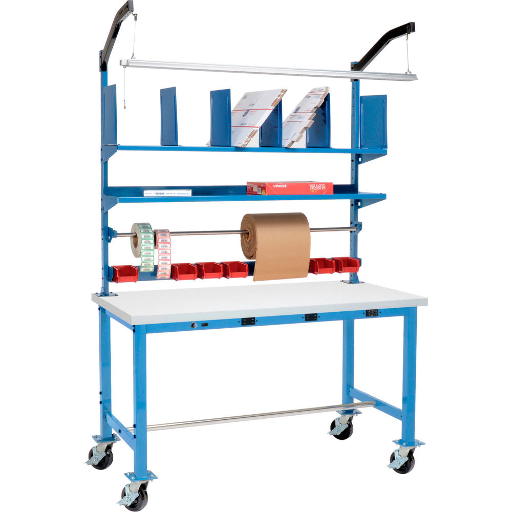 Global Industrial Mobile Packing Workbench W/Riser & Power, Laminate Square Edge, 60"W x 36"D
