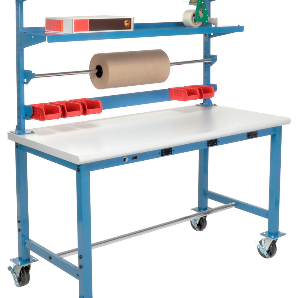 Global Industrial Mobile Packing Workbench W/Riser & Power, Laminate Safety Edge, 60"W x 30"D
