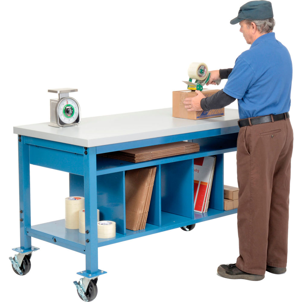 Global Industrial Mobile Packing Workbench W/Lower Shelf Kit, Laminate Square Edge, 60"Wx30"D