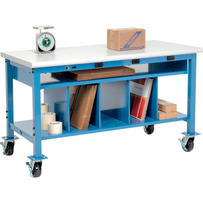 Global Industrial Mobile Packing Workbench W/Shelf & Power, Laminate Safety Edge, 60"W x 36"D