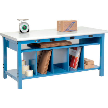 Packing workbench with lower shelf and power apron, laminate safety edge top