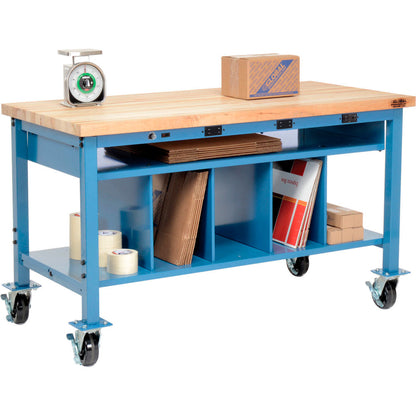 Global Industrial Mobile Packing Workbench W/Lower Shelf & Power, Maple Square Edge, 72"Wx30"D