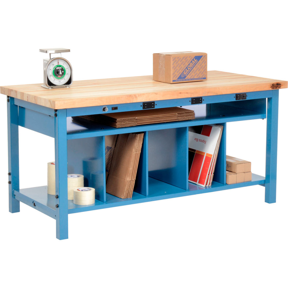 Packing workbench with lower shelf and power apron, maple square edge top
