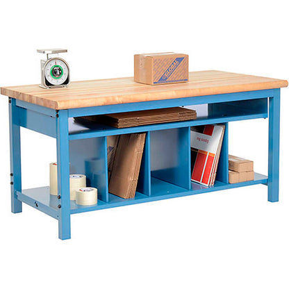Packing workbench with lower shelf kit, maple butcher block safety edge top