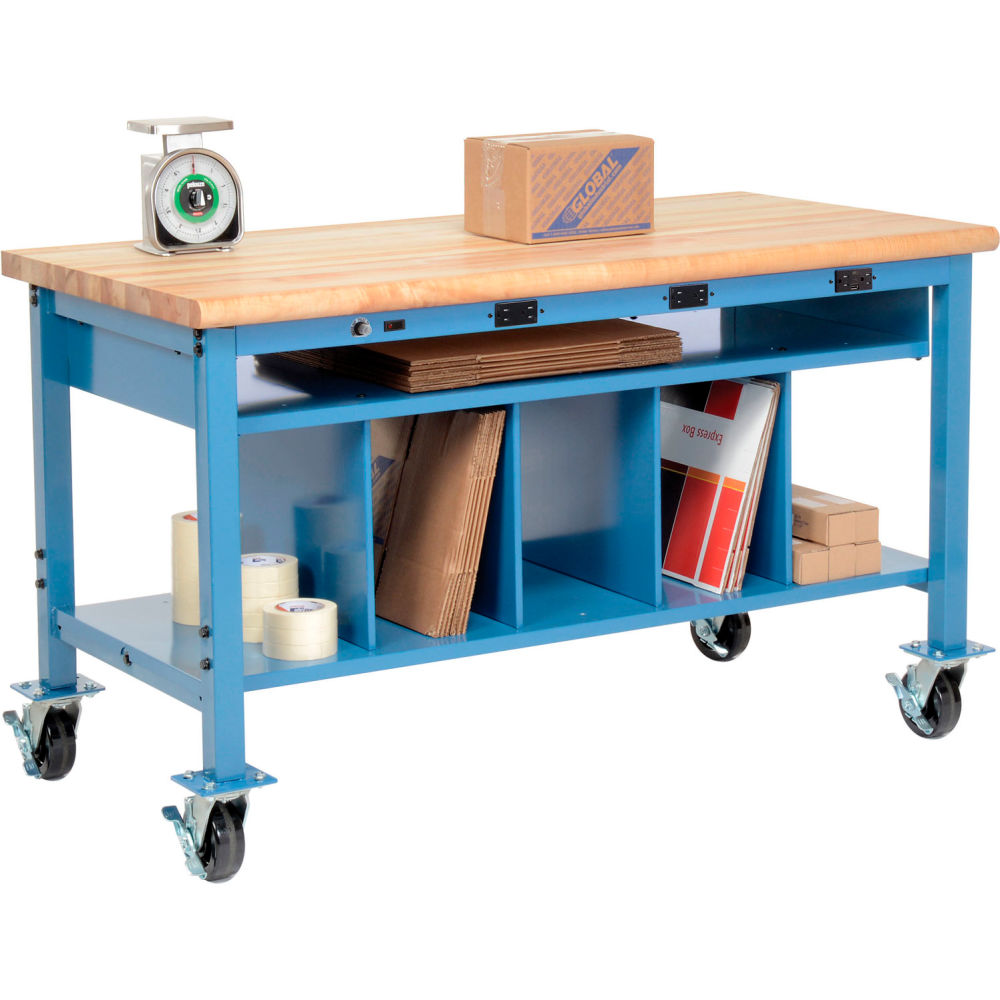 Global Industrial Mobile Packing Workbench W/Lower Shelf & Power, Maple Safety Edge, 60"Wx30"D