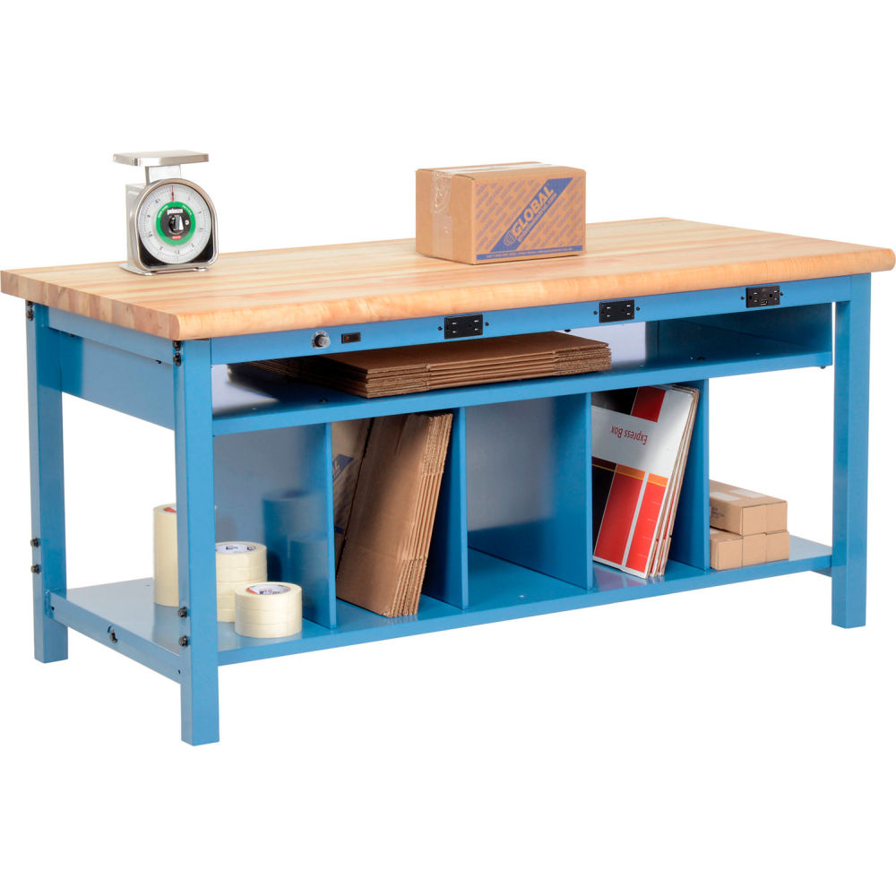 Packing workbench with lower shelf and power apron, maple safety edge top