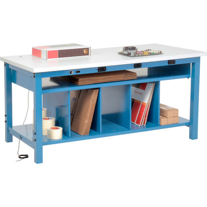 Packing workbench with lower shelf and power apron, ESD laminate square edge top