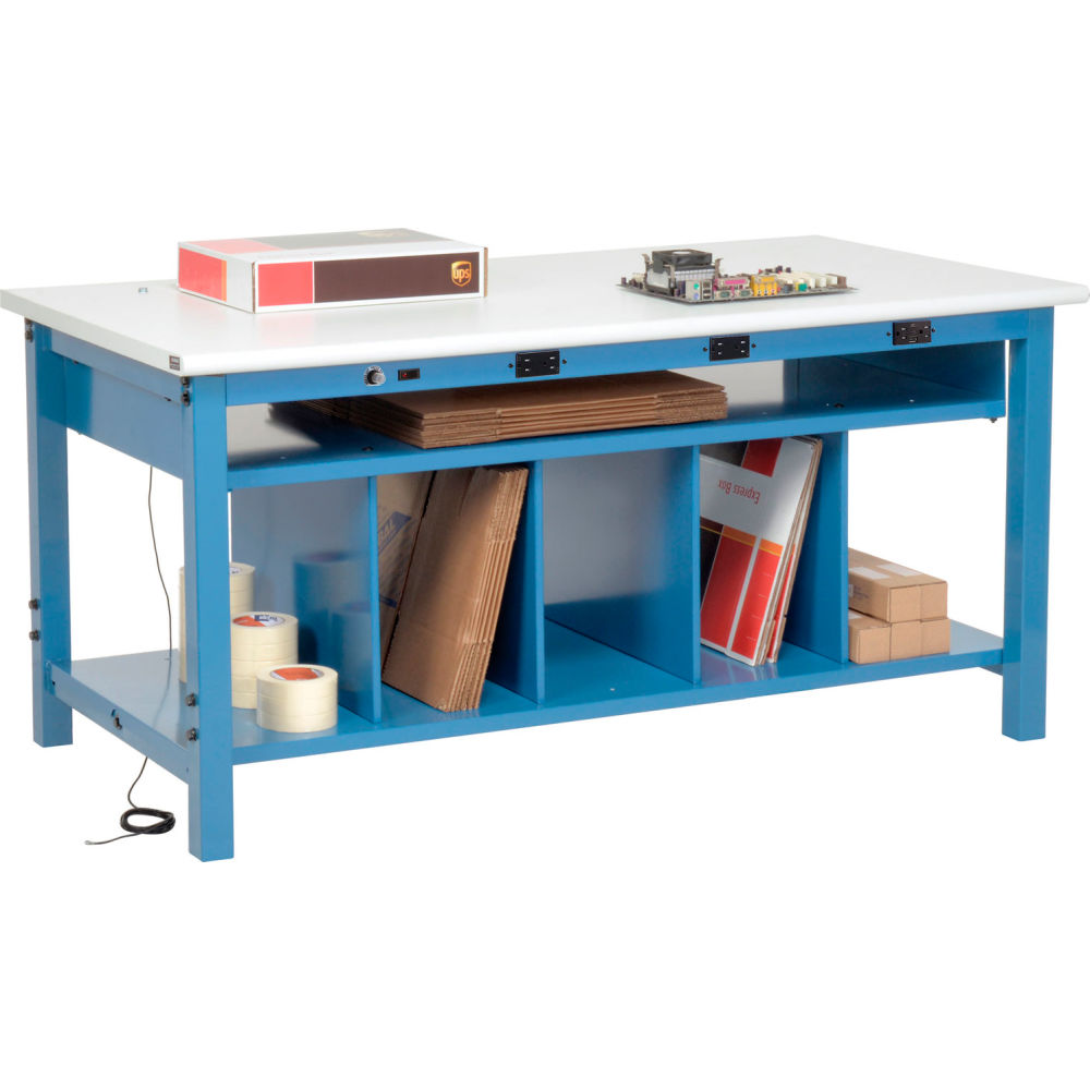 Packing workbench with lower shelf and power apron, ESD laminate safety edge top