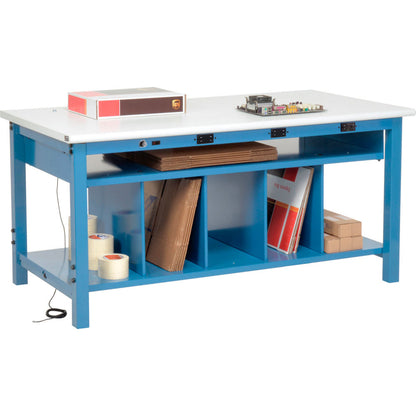 Packing workbench with lower shelf and power apron, ESD laminate safety edge top