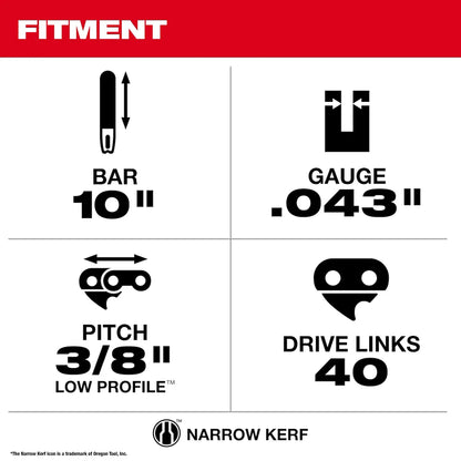 Milwaukee 10" 3/8" LOW PROFILE Pitch, .043" Gauge Saw Chain and Guide Bar Set 49-16-2849