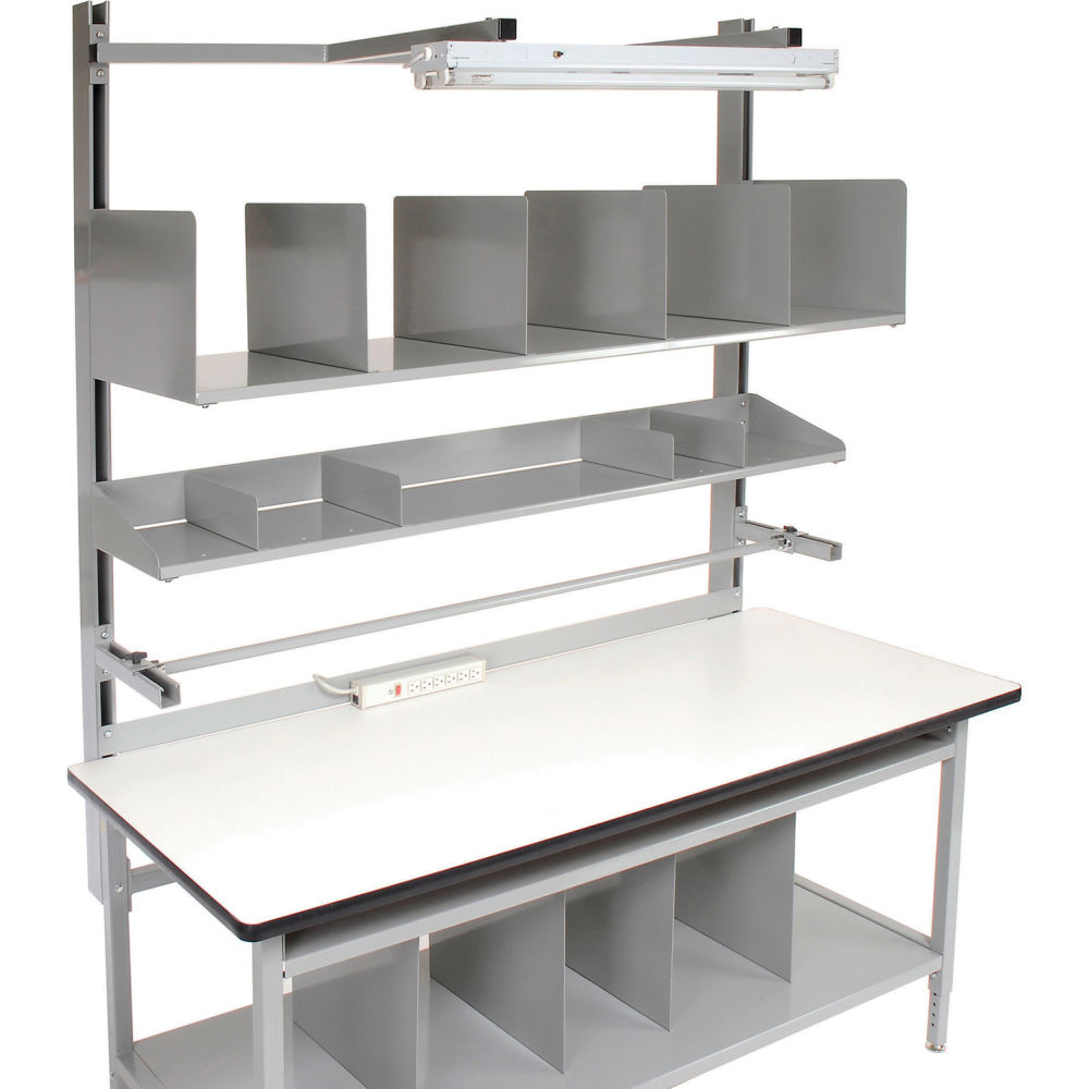 Pro-Line CPB7230-PL-A31 complete packing workbench, angled front view with riser shelves and light