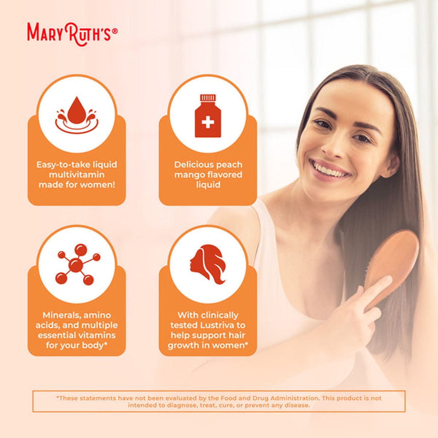 Mary Ruth's Liquid Morning Multivitamin + Hair Growth Multivitamin Supplement Vitamin A / C / D / E 1,010 mcg - 90 mg - 20 mcg - 18 mg Strength Liquid Peach Mango Flavor