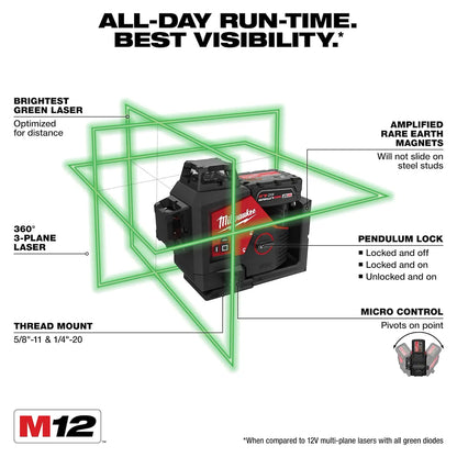 Milwaukee M12 Green 360° 3-Plane Laser Kit 3632-21 | M12 Battery, Glass Filled Nylon