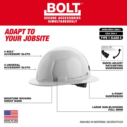 Milwaukee BOLT Blue Full Brim Hard Hat w/6pt Ratcheting Suspension (USA) - Type 1, Class E 48-73-1121