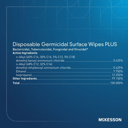 McKesson Germicidal Surface Wipes PLUS active ingredients panel