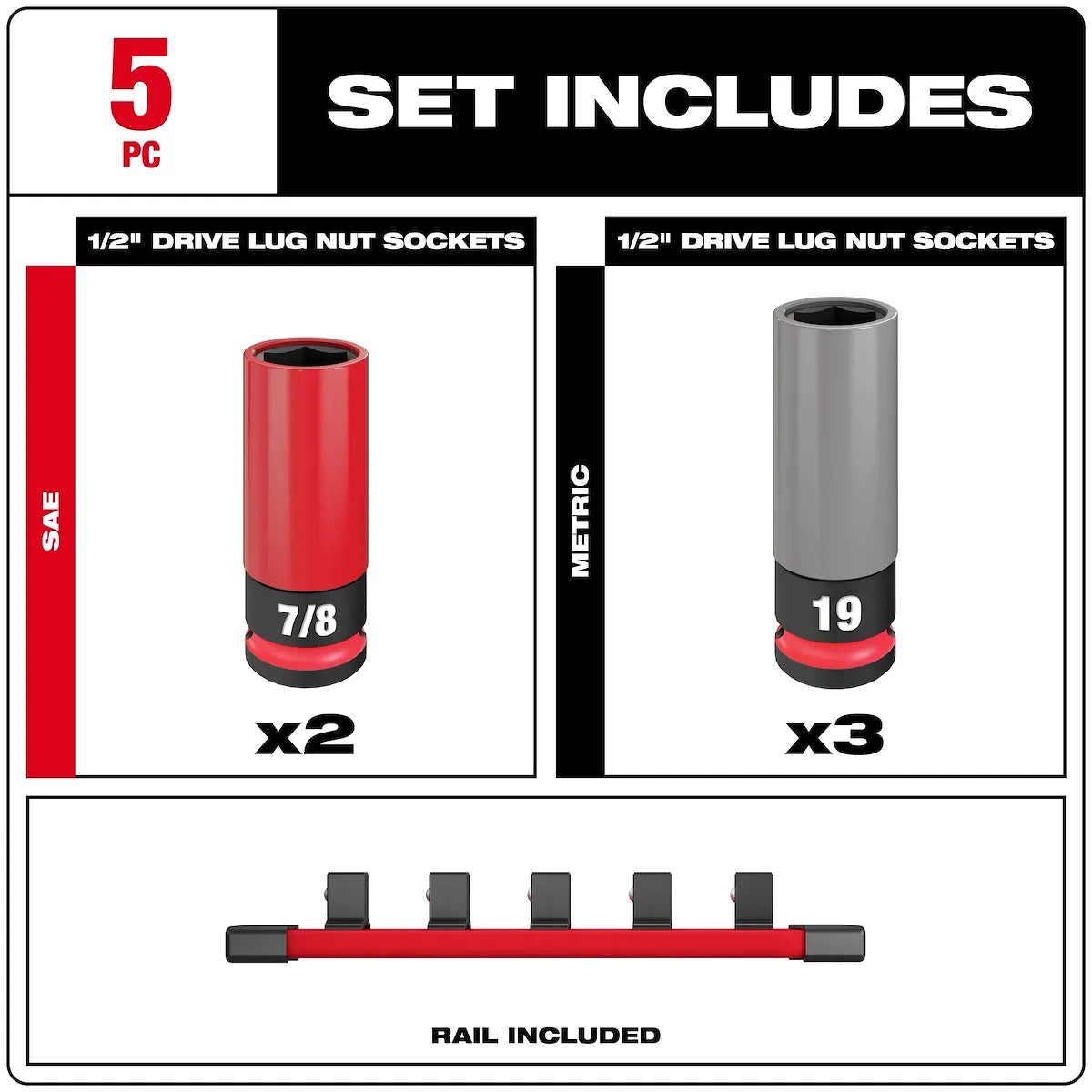 Milwaukee SHOCKWAVE Impact Duty 1/2 Drive SAE & Metric 5PC Lug Nut Wheel Socket Set 49-66-7811
