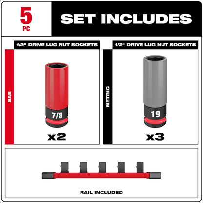 Milwaukee SHOCKWAVE Impact Duty 1/2 Drive SAE & Metric 5PC Lug Nut Wheel Socket Set 49-66-7831 | 1/2 in Drive, 5-Piece