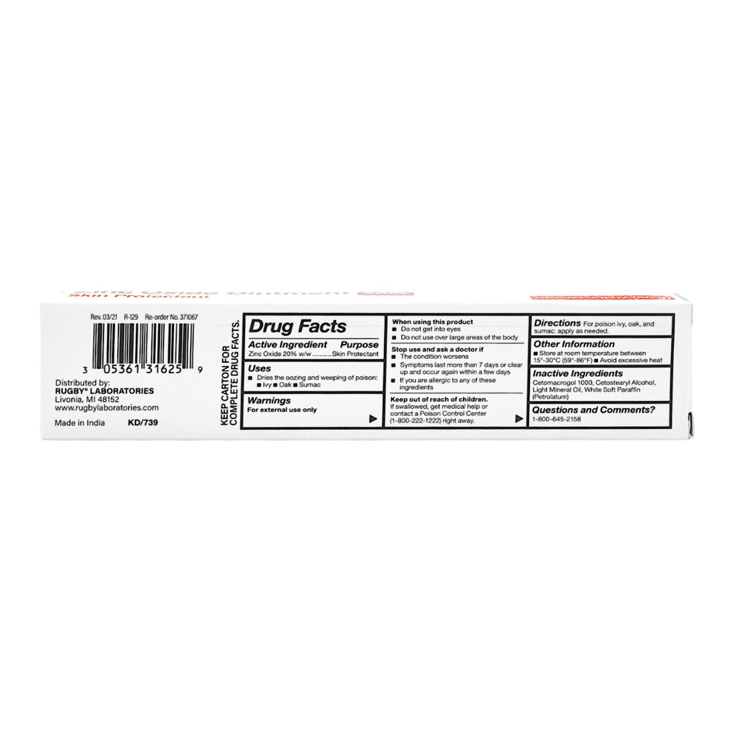 Rugby® 20% Zinc Oxide Ointment Skin Protectant, Tube