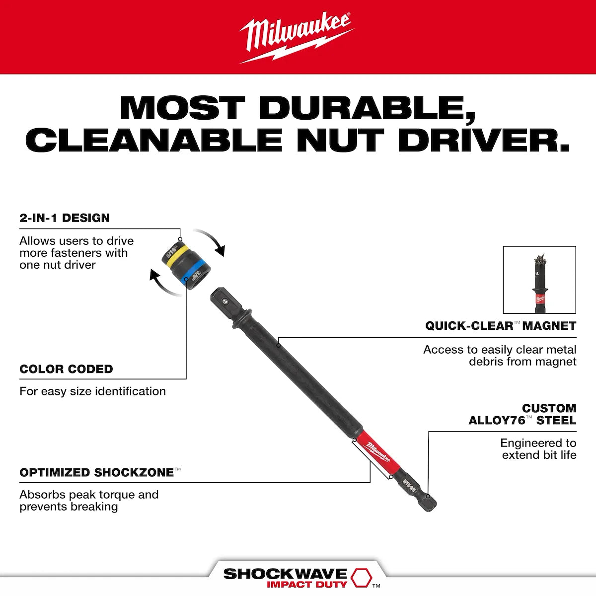 Milwaukee SHOCKWAVE Impact Duty 5/16” and 3/8” x 6” QUIK-CLEAR 2-in-1 Magnetic Nut Driver 49-66-4746 | 1/4" Drive