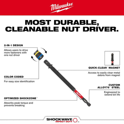 Milwaukee SHOCKWAVE Impact Duty 5/16” and 3/8” x 6” QUIK-CLEAR 2-in-1 Magnetic Nut Driver 49-66-4746 | 1/4" Drive