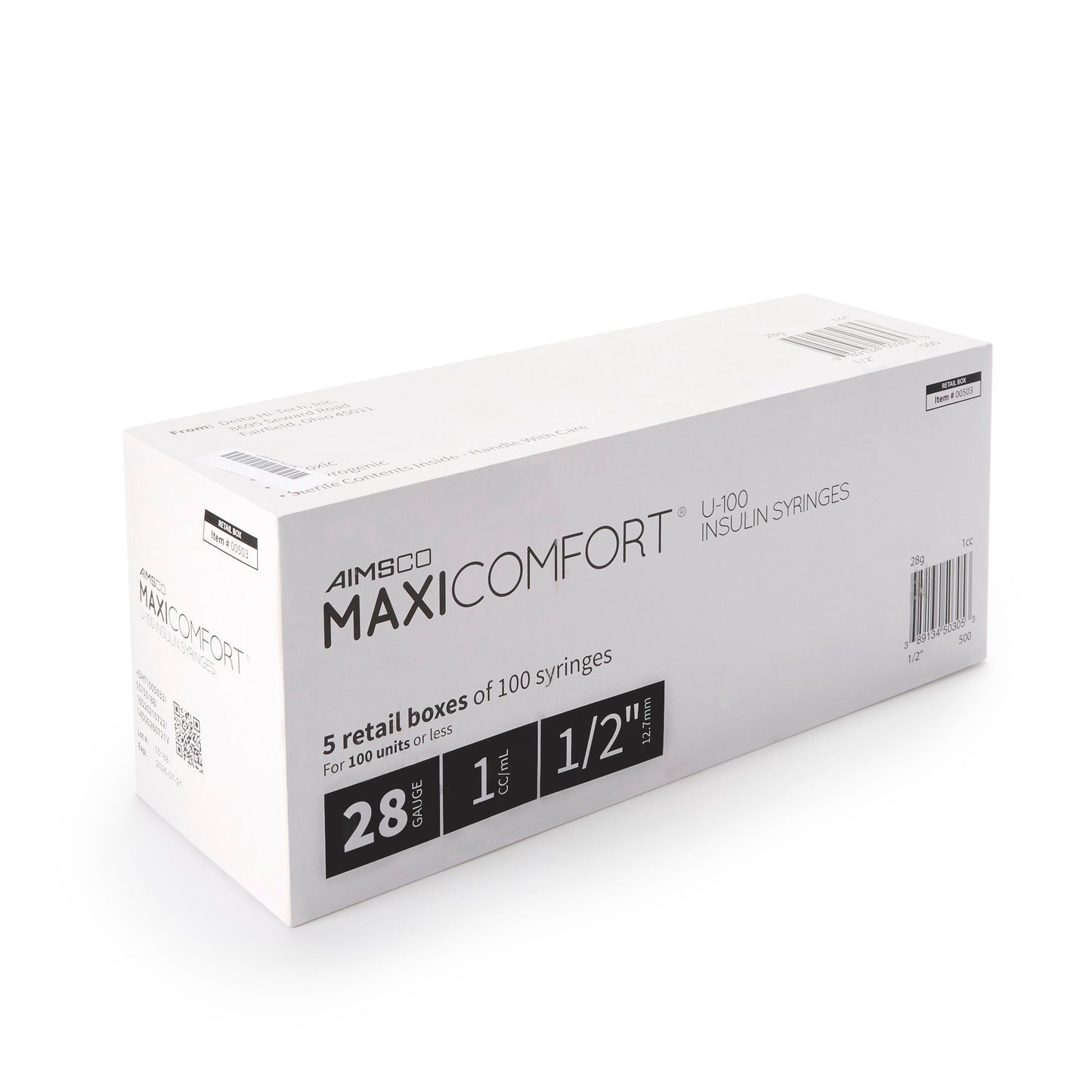 MaxiComfort® II Standard Insulin Syringe with Needle, 28 Gauge, 0.5 Inch