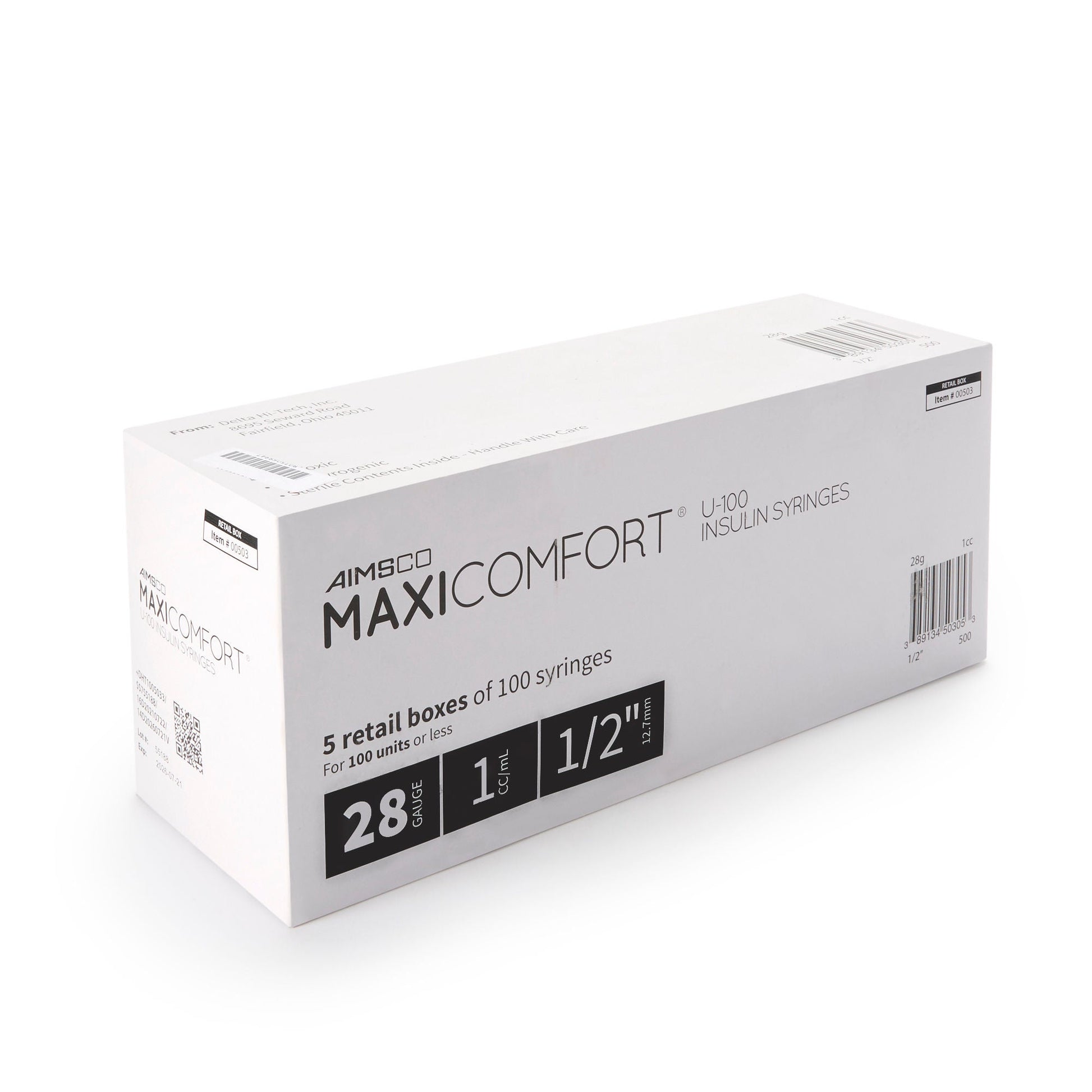 MaxiComfort® II Standard Insulin Syringe with Needle, 28 Gauge, 0.5 Inch