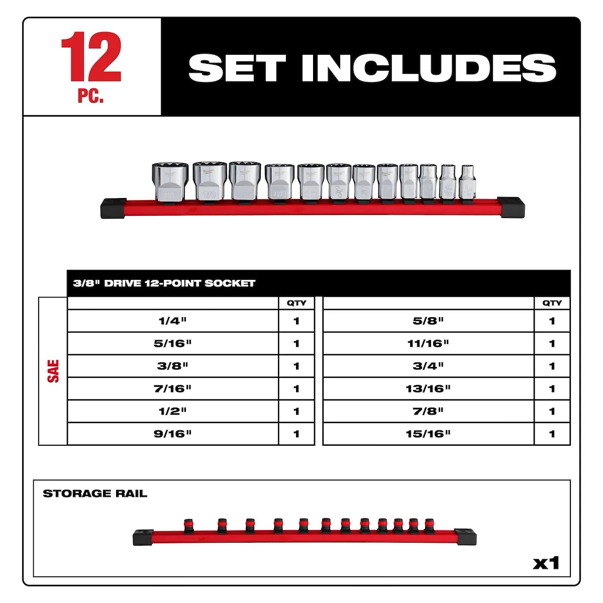 Milwaukee 12pc 3/8" Drive 12-Point SAE Socket Set 48-22-9420 | Chrome Vanadium Steel