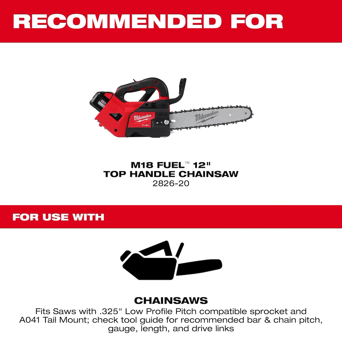 Milwaukee 12" .325" LOW PROFILE Pitch, .043" Gauge Saw Chain and Guide Bar Set 49-16-2846