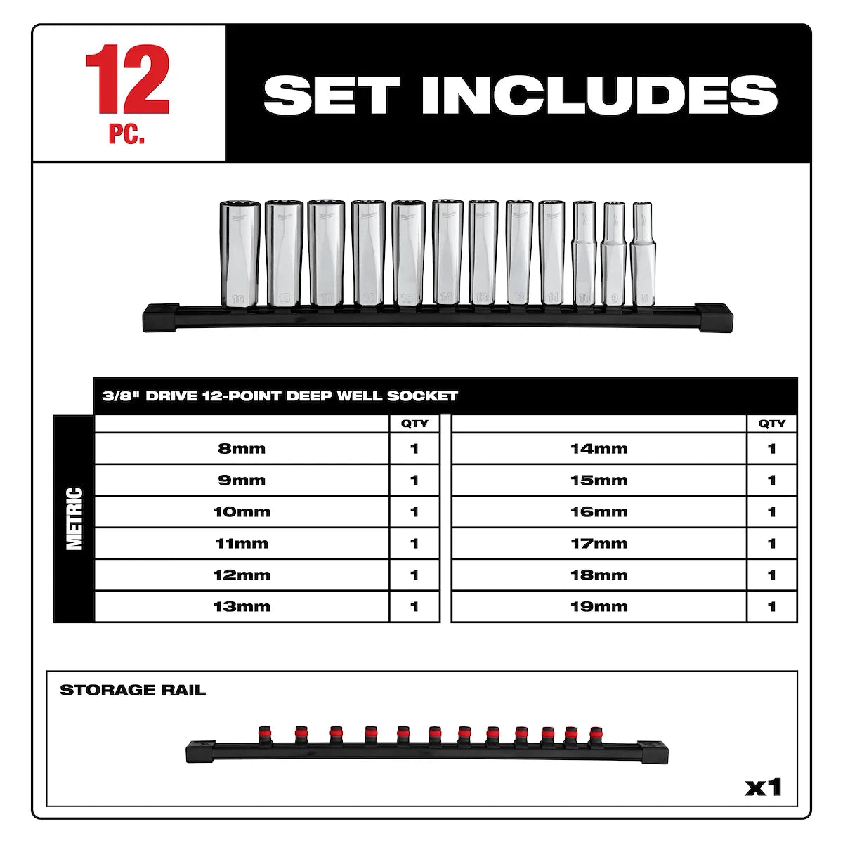 Milwaukee 12pc 3/8” Drive 12-Point Deep Well Metric Socket Set 48-22-9521 | Chrome Vanadium Steel