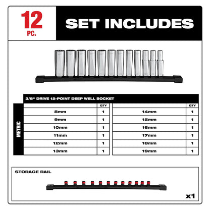 Milwaukee 12pc 3/8” Drive 12-Point Deep Well Metric Socket Set 48-22-9521 | Chrome Vanadium Steel