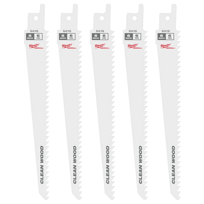 Milwaukee 6" 6 TPI Fleam Ground SAWZALL Blade for Clean Wood (5 PK) 48-00-5015 | 6 in Blade Length, 5-Piece
