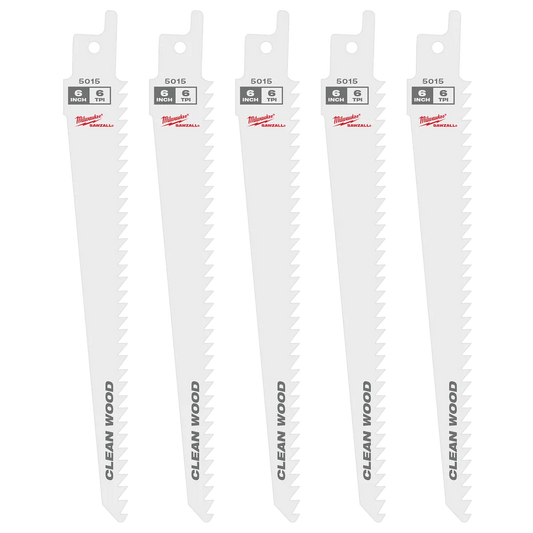 Milwaukee 6" 6 TPI Fleam Ground SAWZALL Blade for Clean Wood (5 PK) 48-00-5015 | 6 in Blade Length, 5-Piece