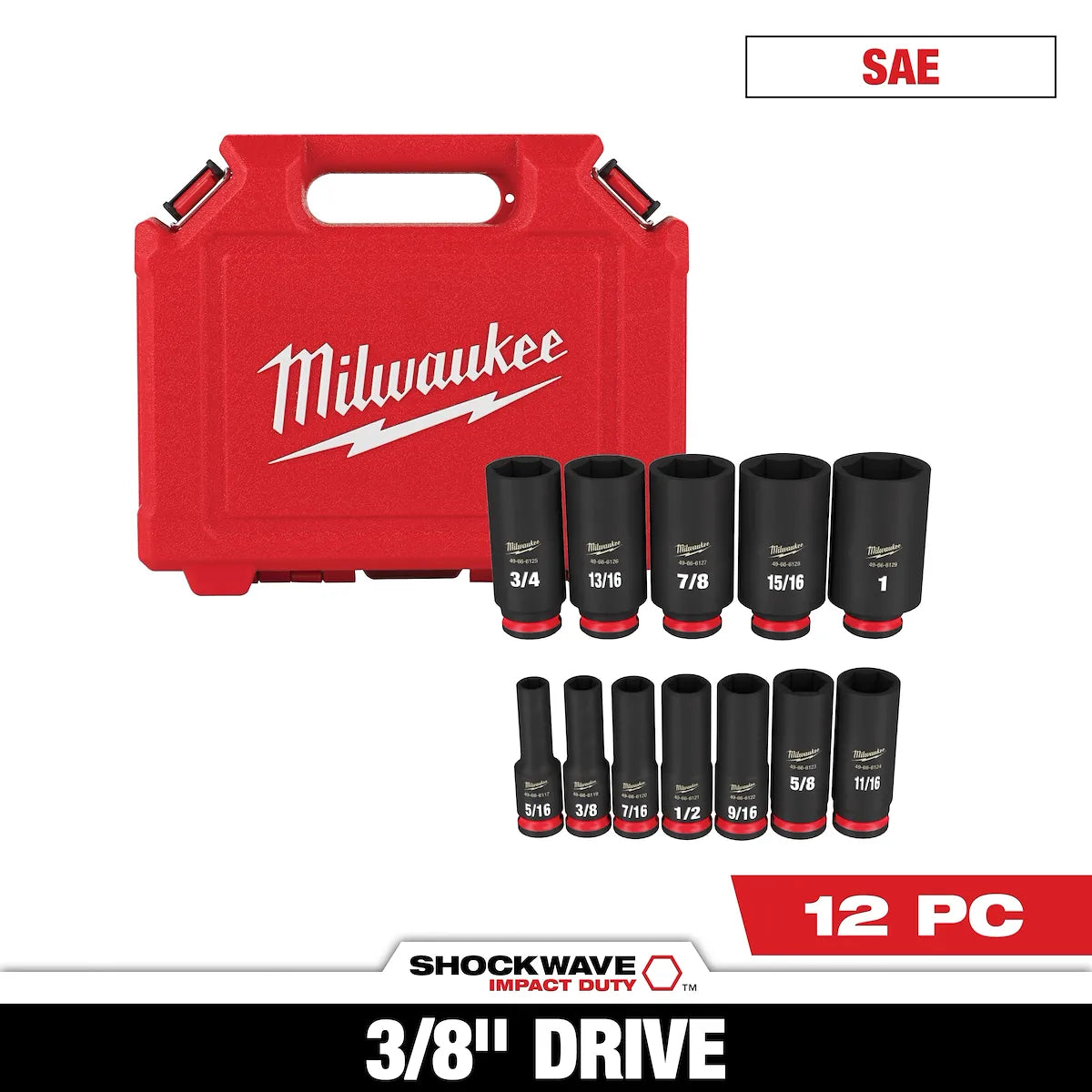 Milwaukee 12PC SHOCKWAVE Impact Duty 3/8" Drive SAE Deep 6 Point Socket Set 49-66-6120
