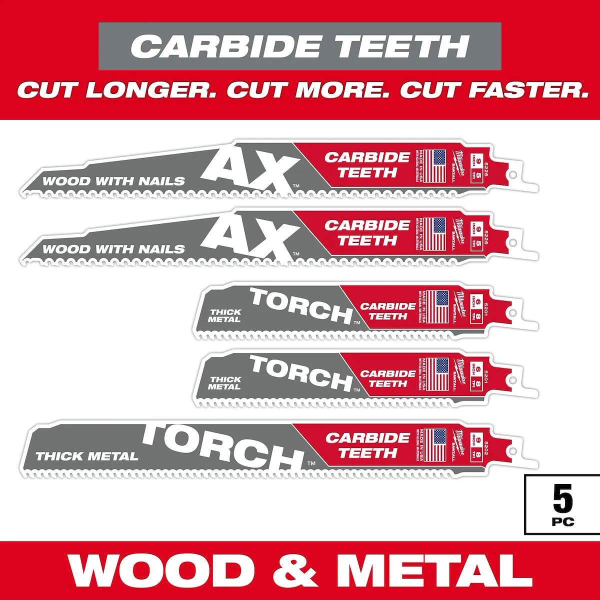 Milwaukee 5PC Wood and Metal Cutting Carbide Teeth SAWZALL Blade Set 49-22-5505 | 5-Piece